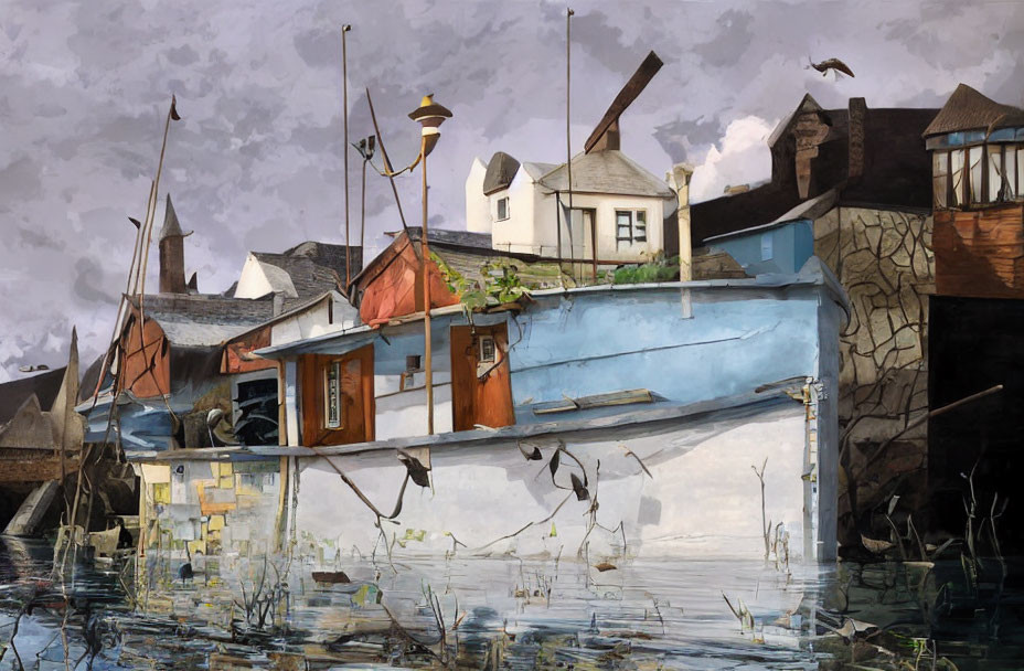 Surrealist artwork of floating town with upside-down architecture above calm water
