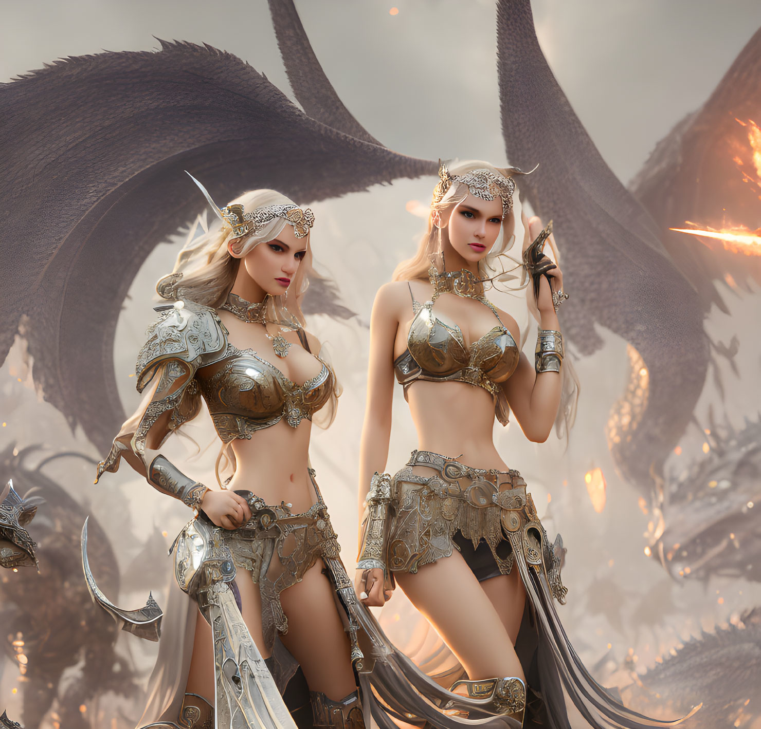 Fantasy female warriors in ornate armor with dragon.