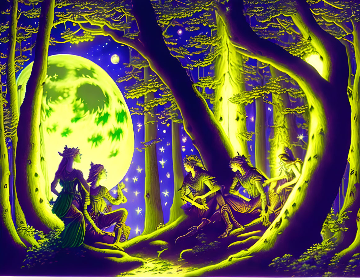 Colorful illustration of mystical creatures in enchanted forest under green full moon