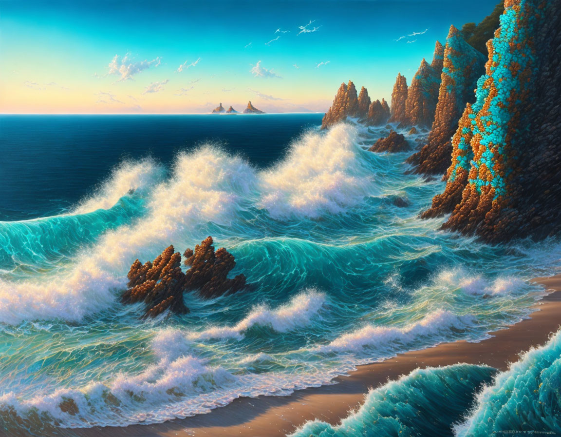 Colorful seascape painting with crashing waves and rocky shore under sunset sky