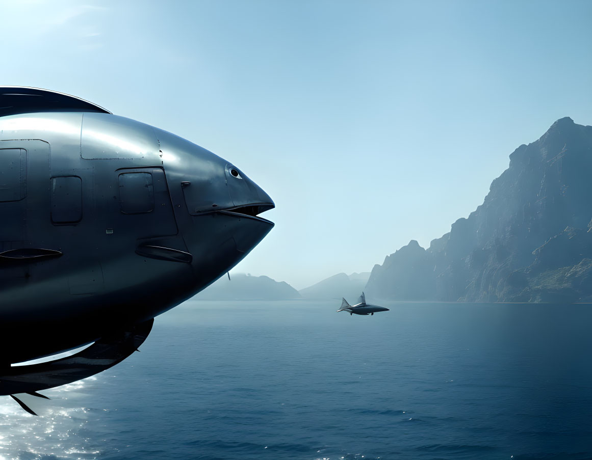 Futuristic aircraft over calm sea with mountains and another aircraft.