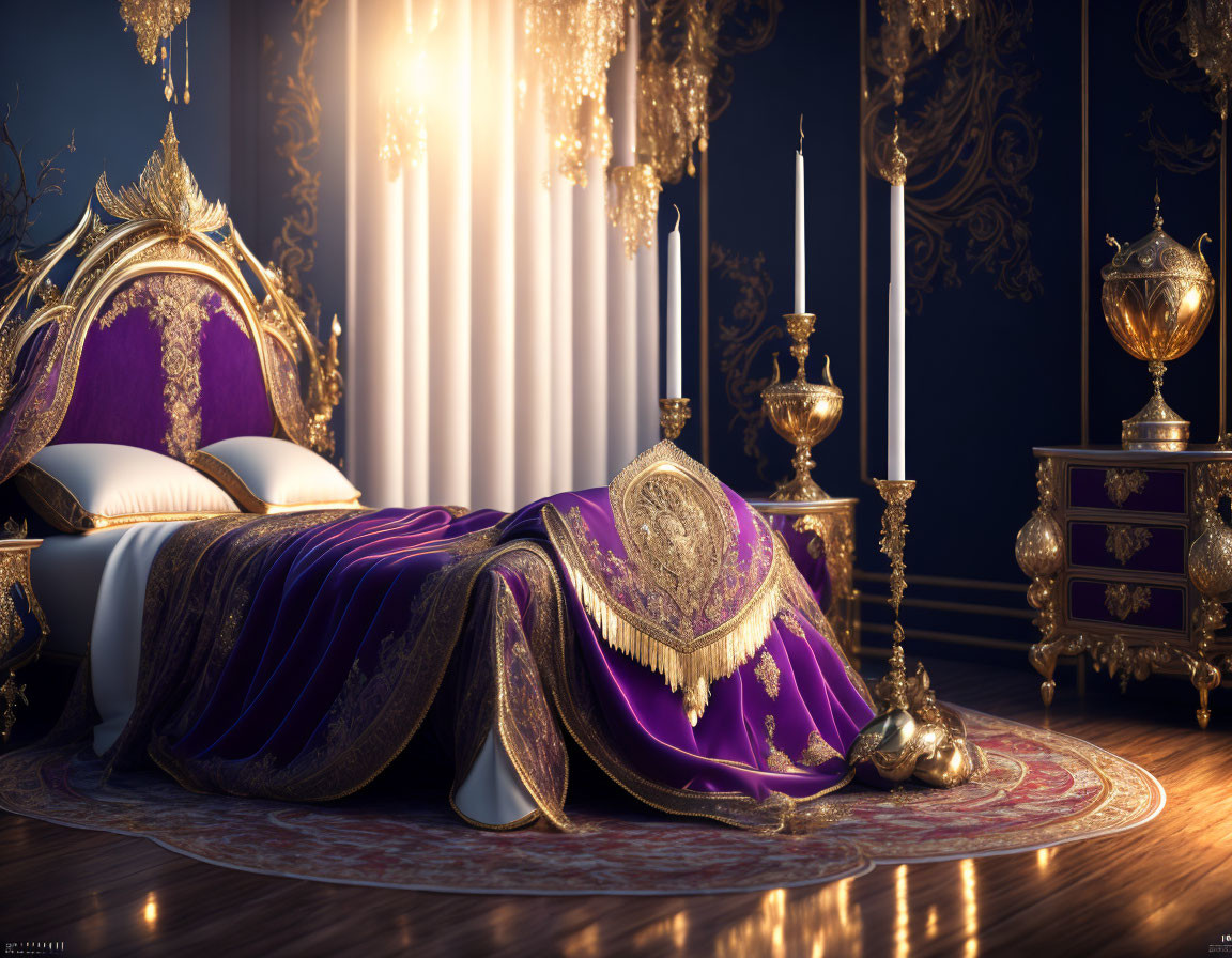 Luxurious Purple and Gold Themed Bedroom with Ornate Bed and Elegant Decor