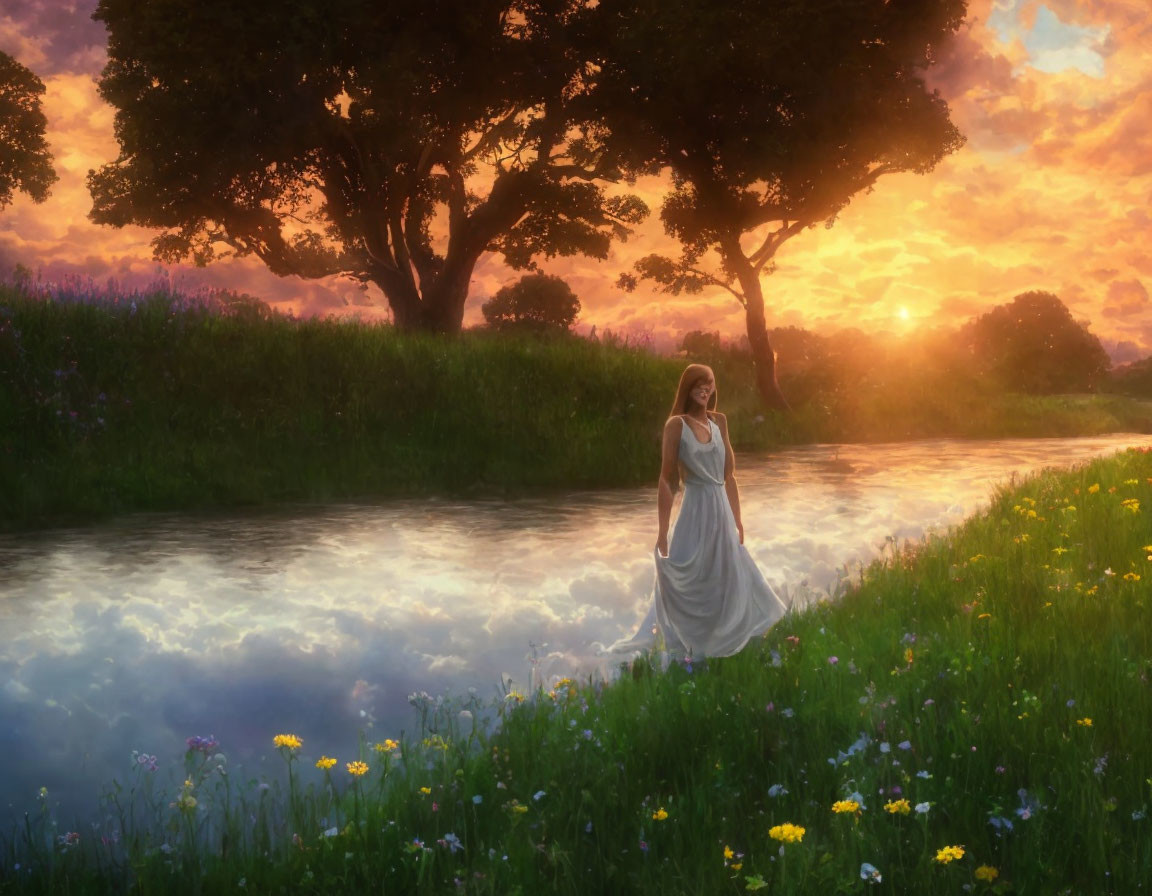 Woman in White Dress by Riverbank at Sunset with Trees and Wildflowers