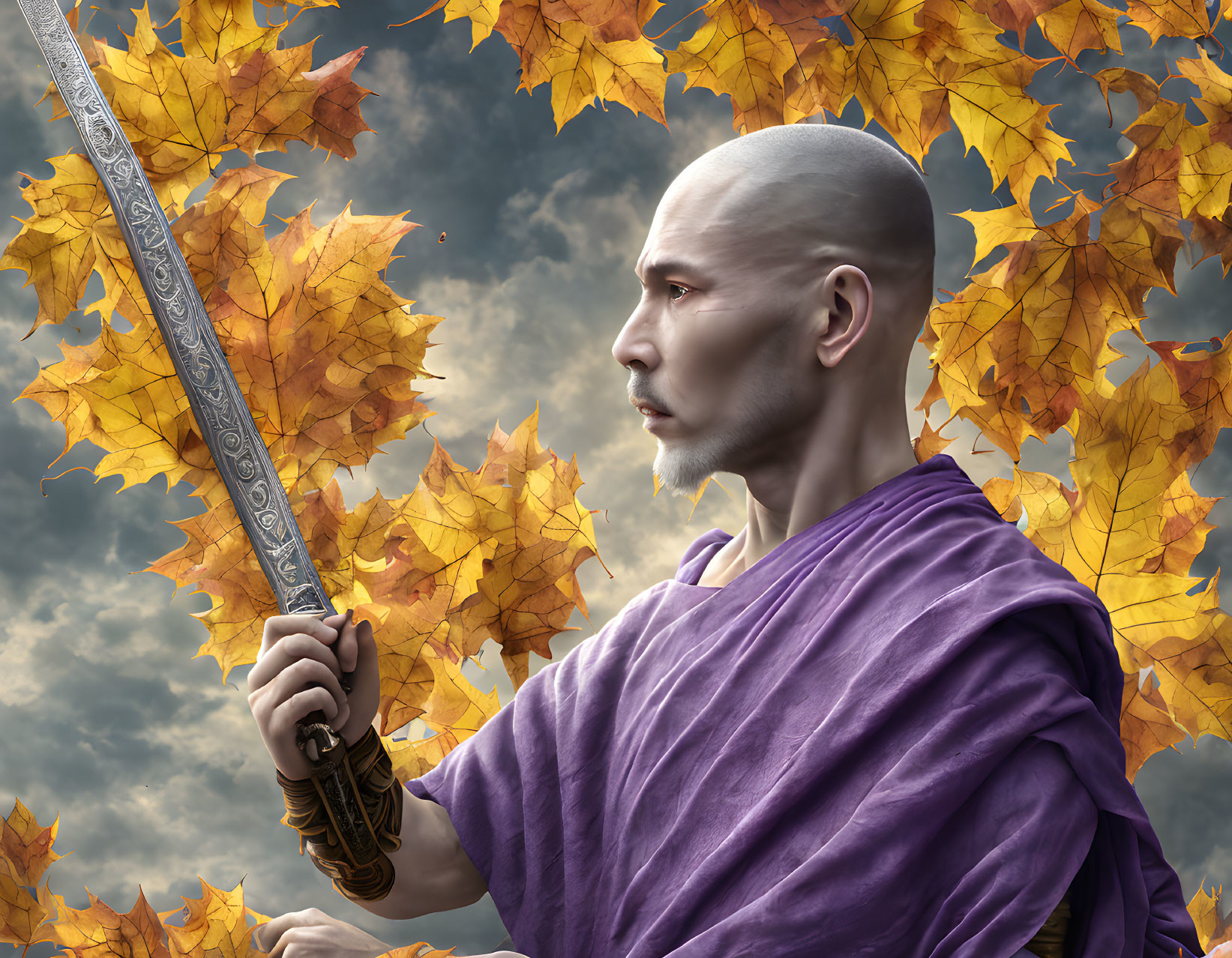 Bald Figure in Purple Robes with Sword Surrounded by Autumn Leaves