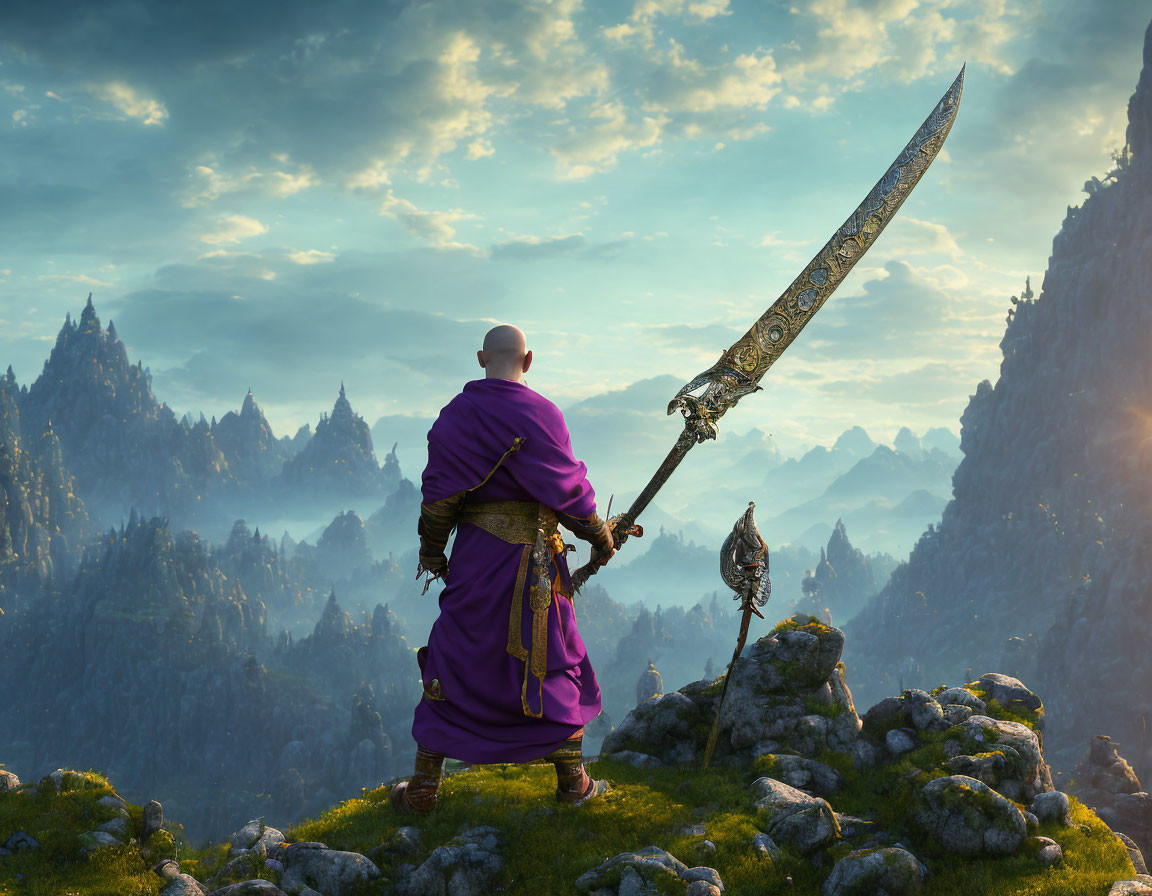 Bald figure in purple cloak with ornate sword on grassy hill