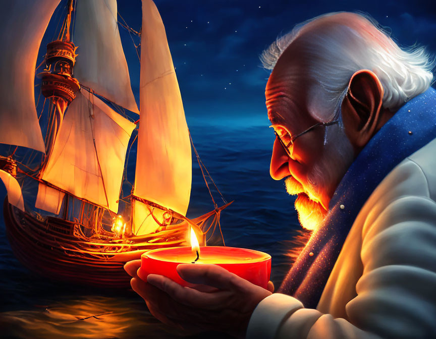 Elderly man with white beard holding candle admires model sailing ship at night