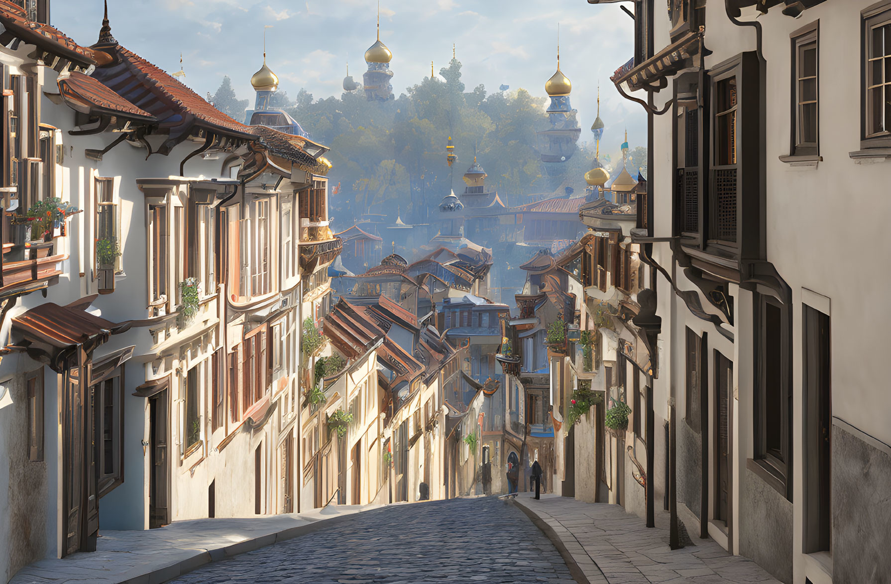 Historic European cobblestone street with traditional houses and distant domed structures