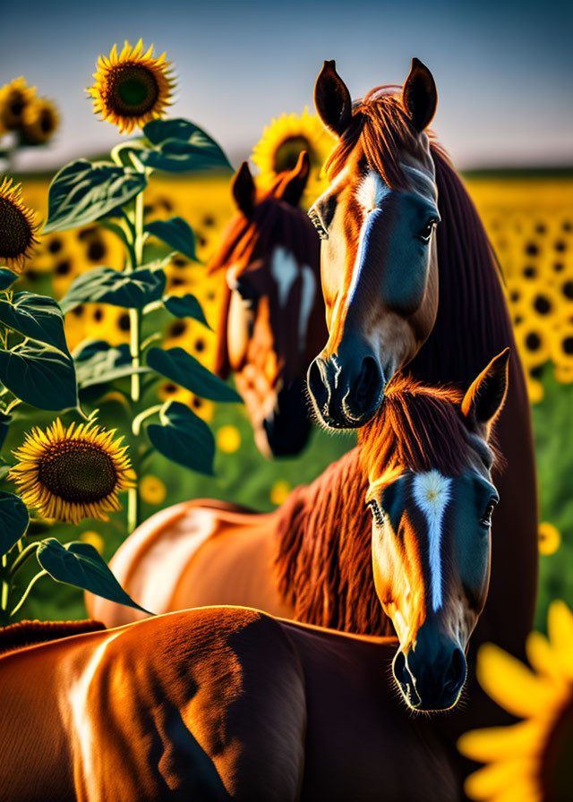 Brown horses in sunflower field at sunset