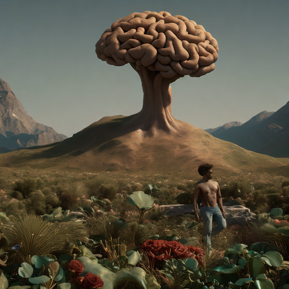 Man observing giant brain-shaped tree in surreal landscape