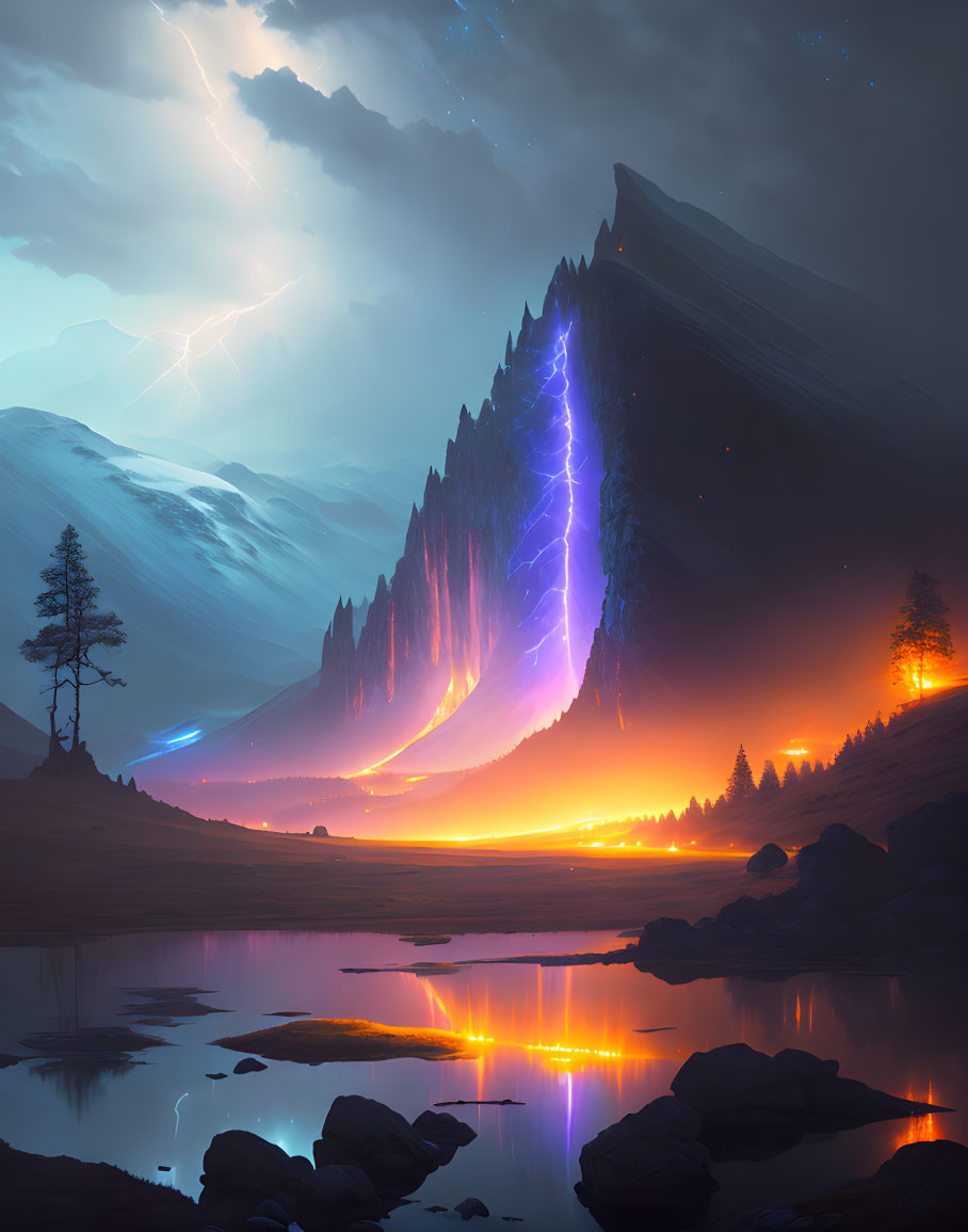 Solitary tree by still lake reflects neon-lit mountain range at night