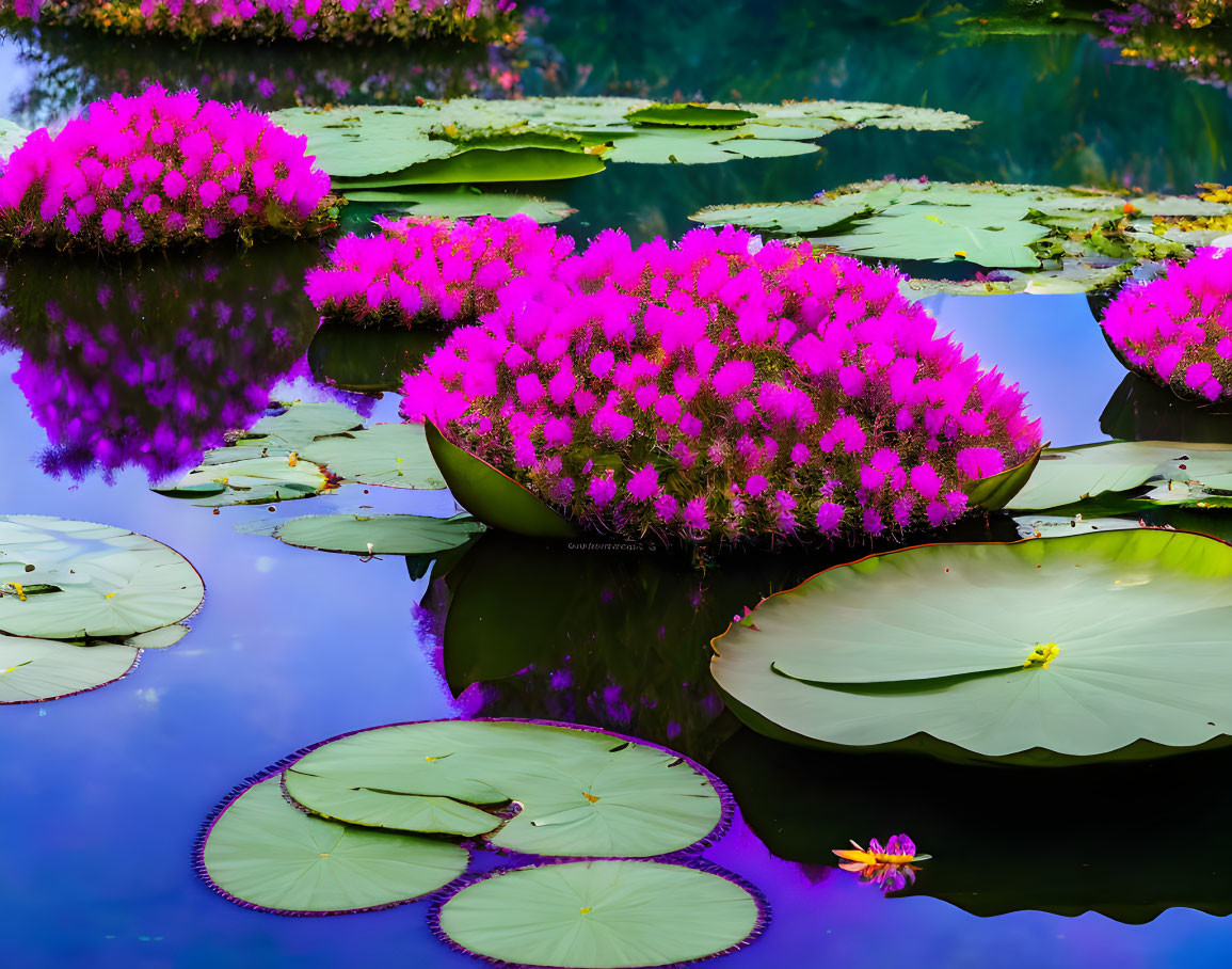 Pink Water Lilies Blooming Above Green Lily Pads on Tranquil Pond