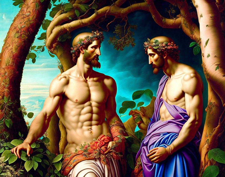 Muscular figures with wreaths near tree in rich foliage