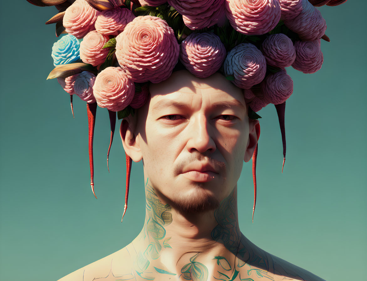 Man with Colorful Flower Crown and Tattoos on Torso and Face on Light Blue Background