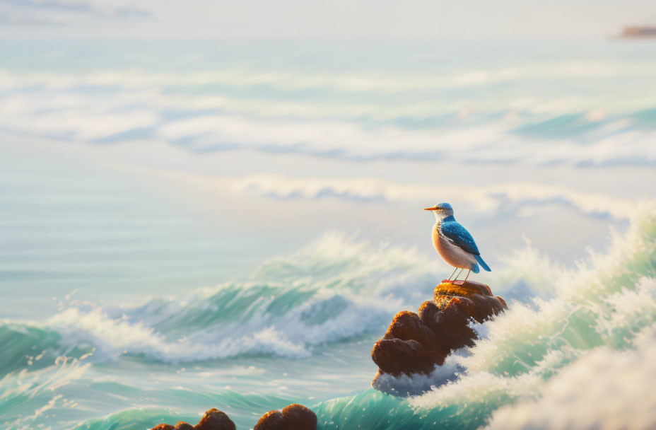 Vibrant kingfisher on rock against sunset waves