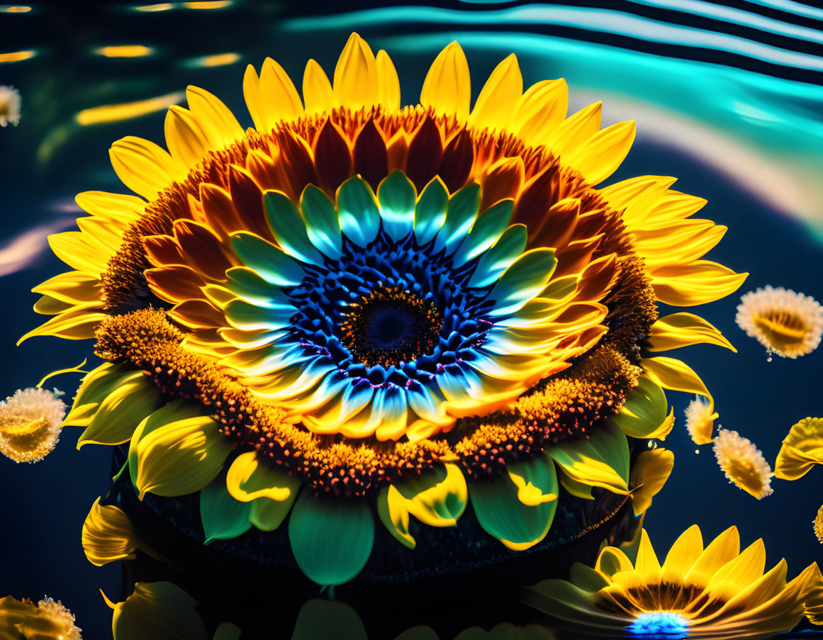 Bright sunflower with blue center on dark water with ripples & scattered petals