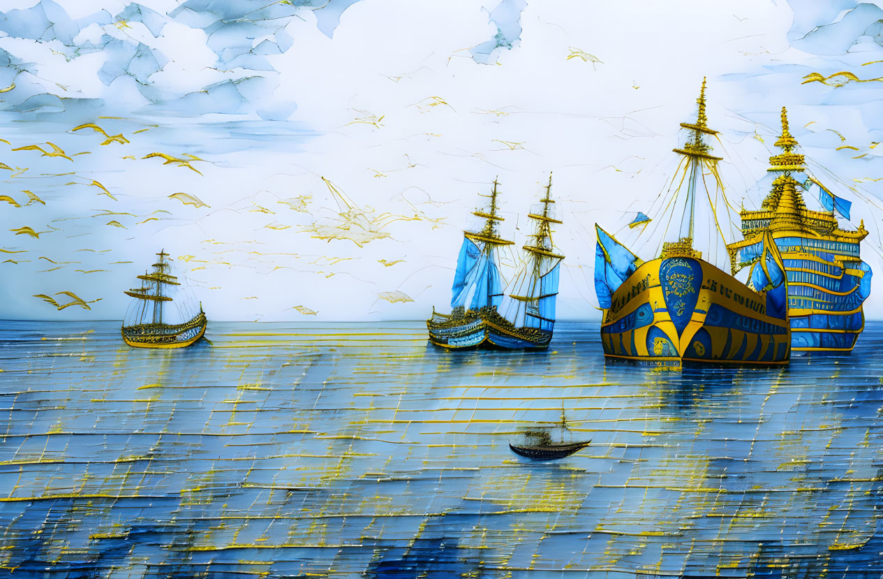 Stylized digital artwork of golden-blue sailing ships on reflective sea