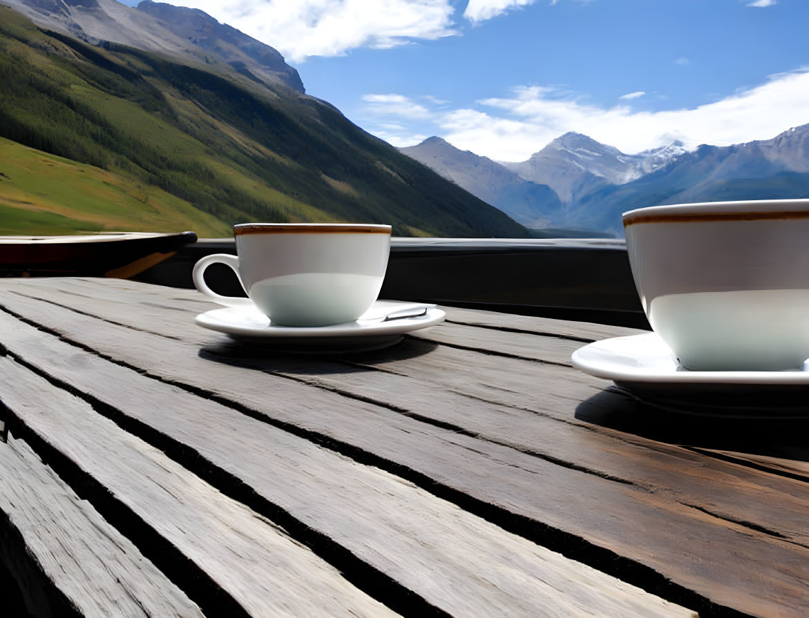 Scenic mountain landscape with two cups of coffee on wooden table