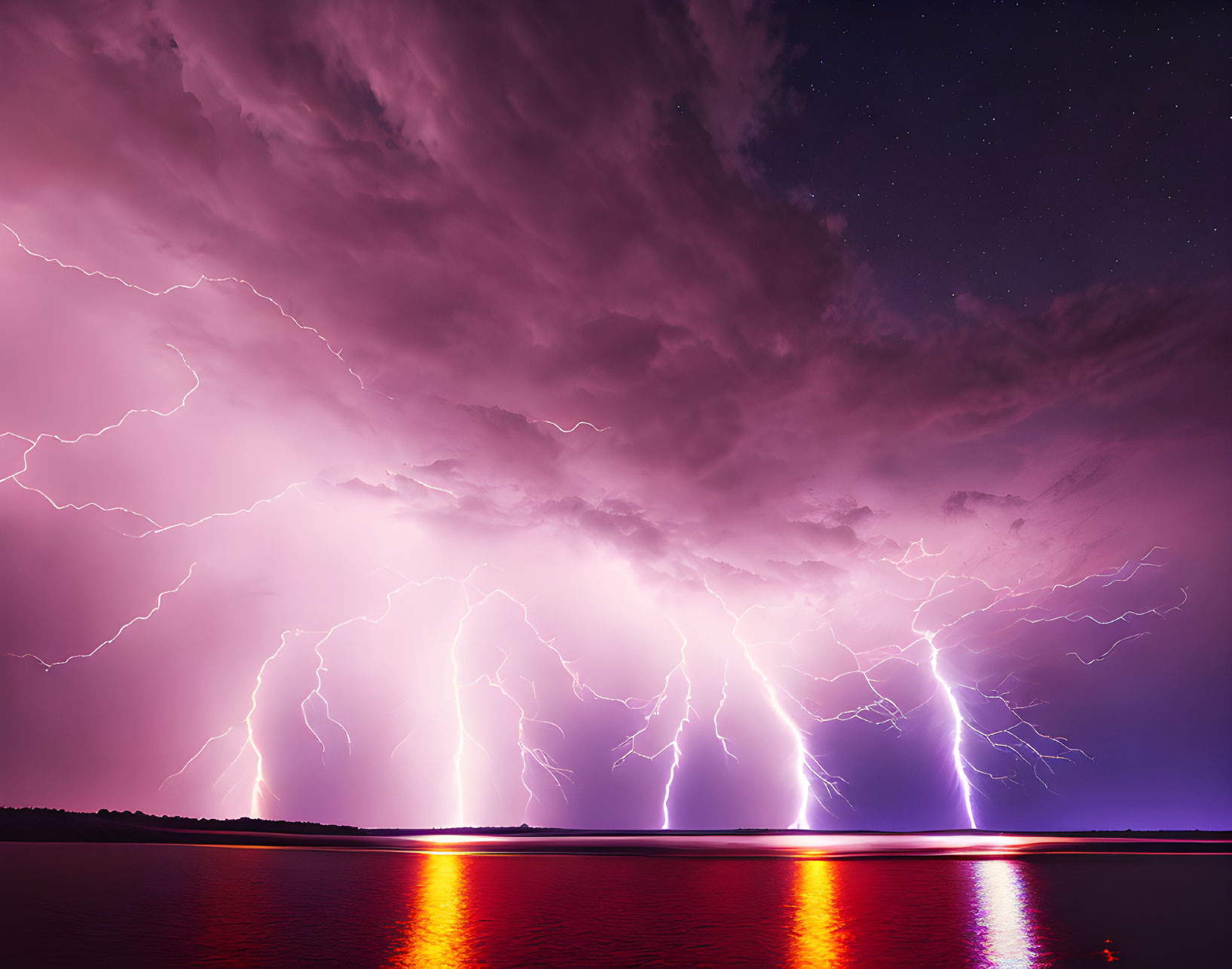 Intense lightning storm over water at night