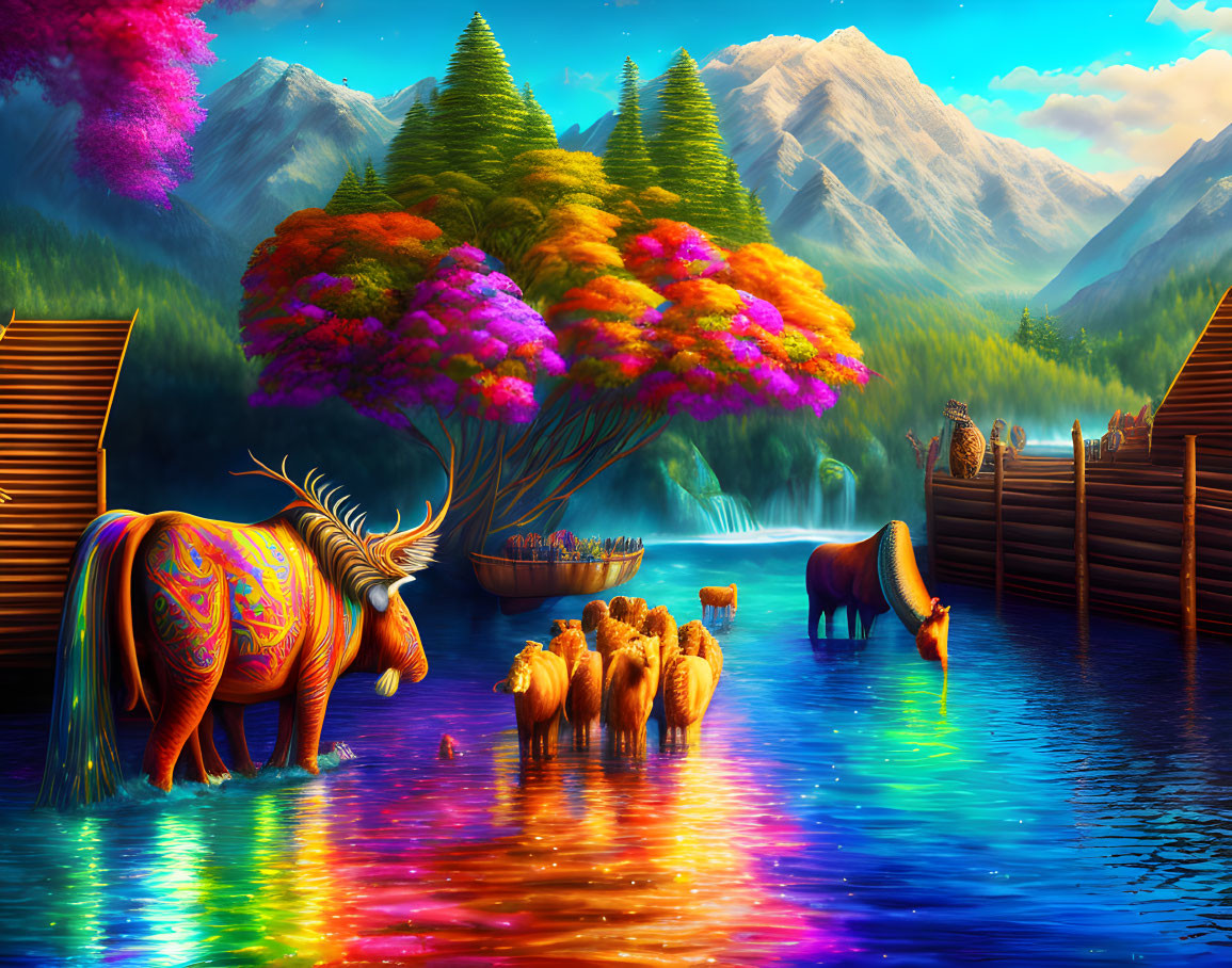 Colorful painted animals in vibrant, fantastical landscape by river