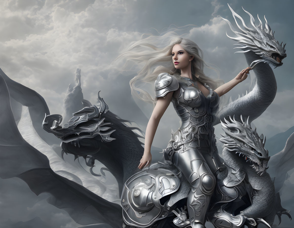 Silver-armored woman with white hair and dragons in stormy sky.