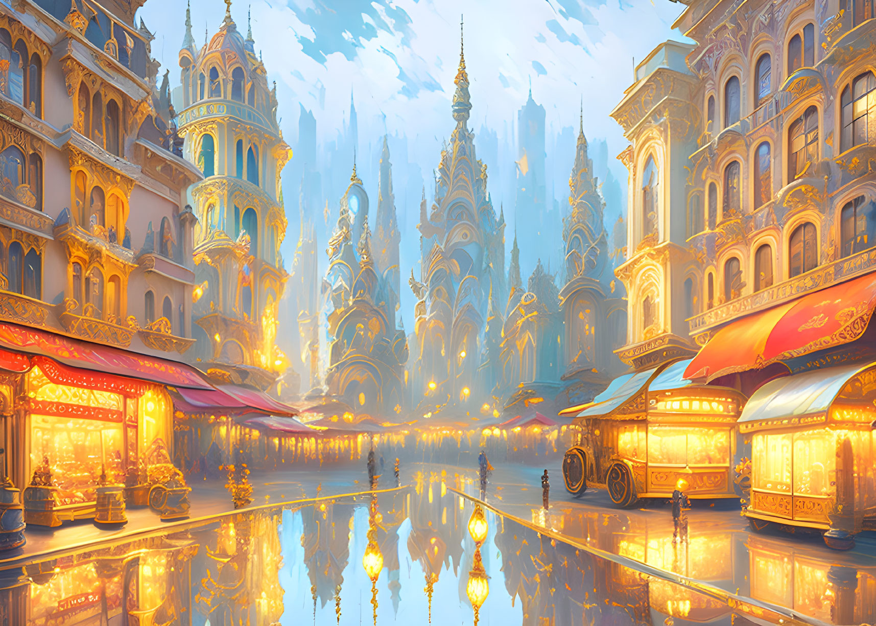 Historic ornate cityscape with reflective waterway under golden sky