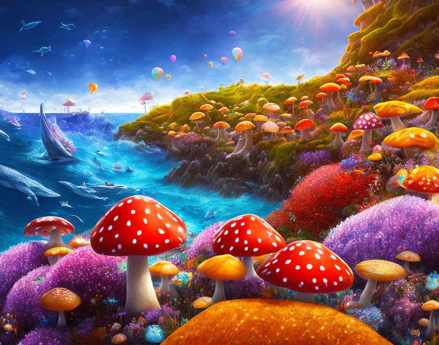 Colorful Fantasy Landscape with Mushrooms, Flora, Sailboats, and Balloons