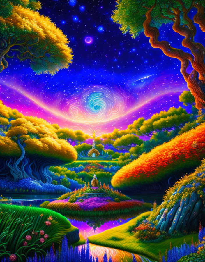 Colorful surreal landscape with starry skies, lush trees, meditating figure, reflective river