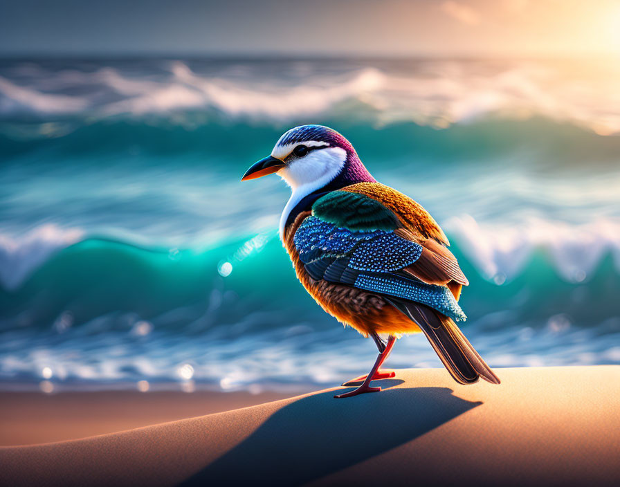 Colorful Bird with Detailed Plumage on Sandy Shore with Vibrant Waves