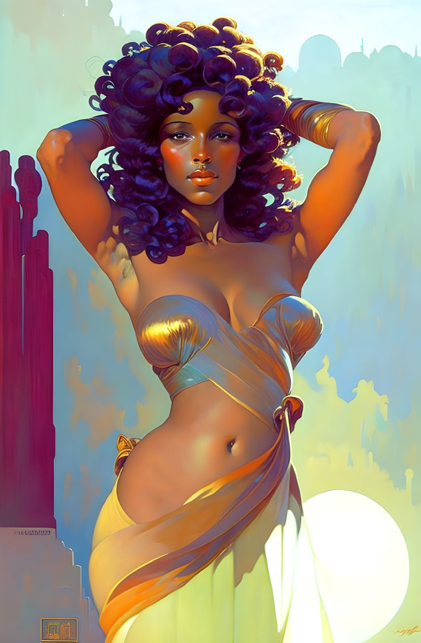 Curly-haired woman in golden attire against pastel fantasy backdrop