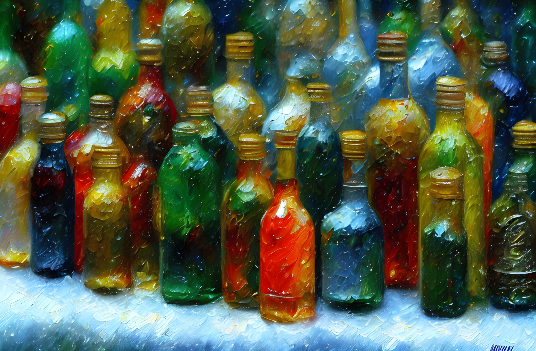 Vivid painterly depiction of assorted colorful bottled liquids