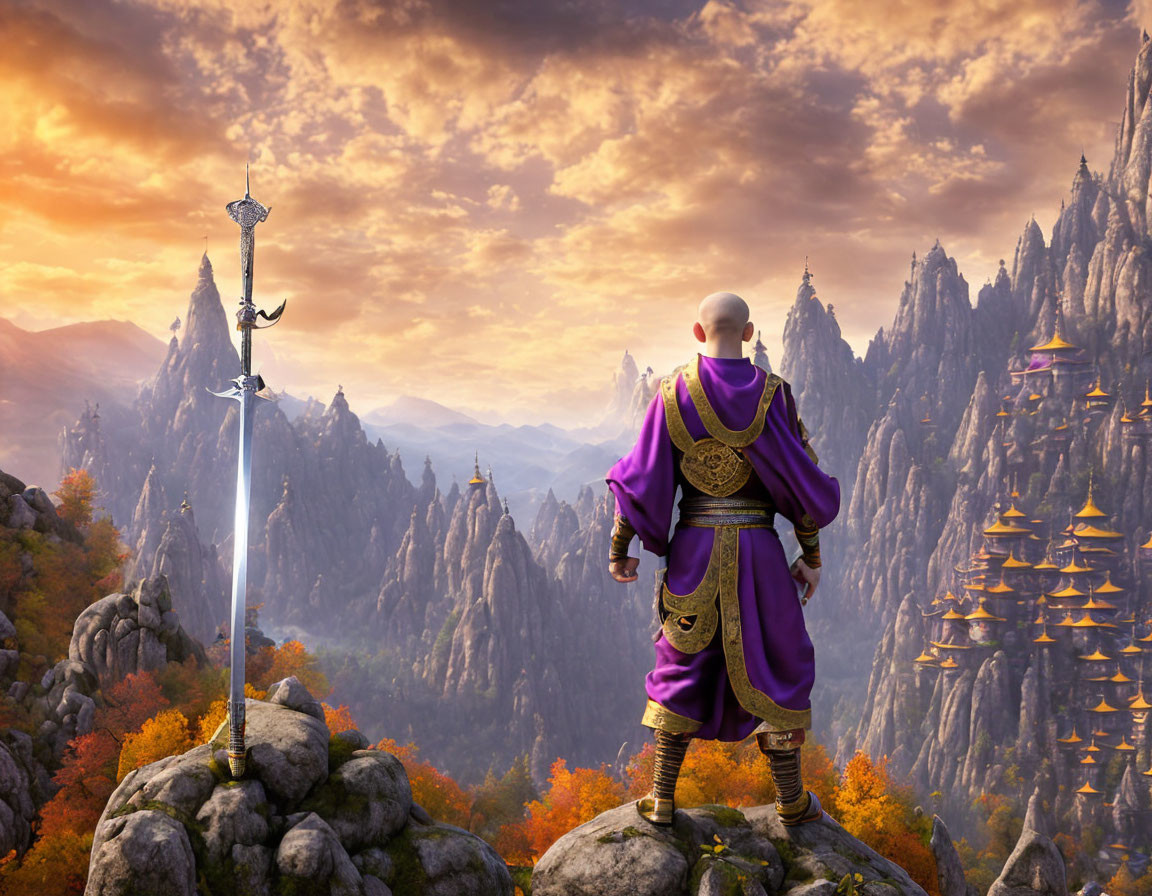 Bald Monk in Purple Robe with Sword, Mountain Landscape & Pagodas