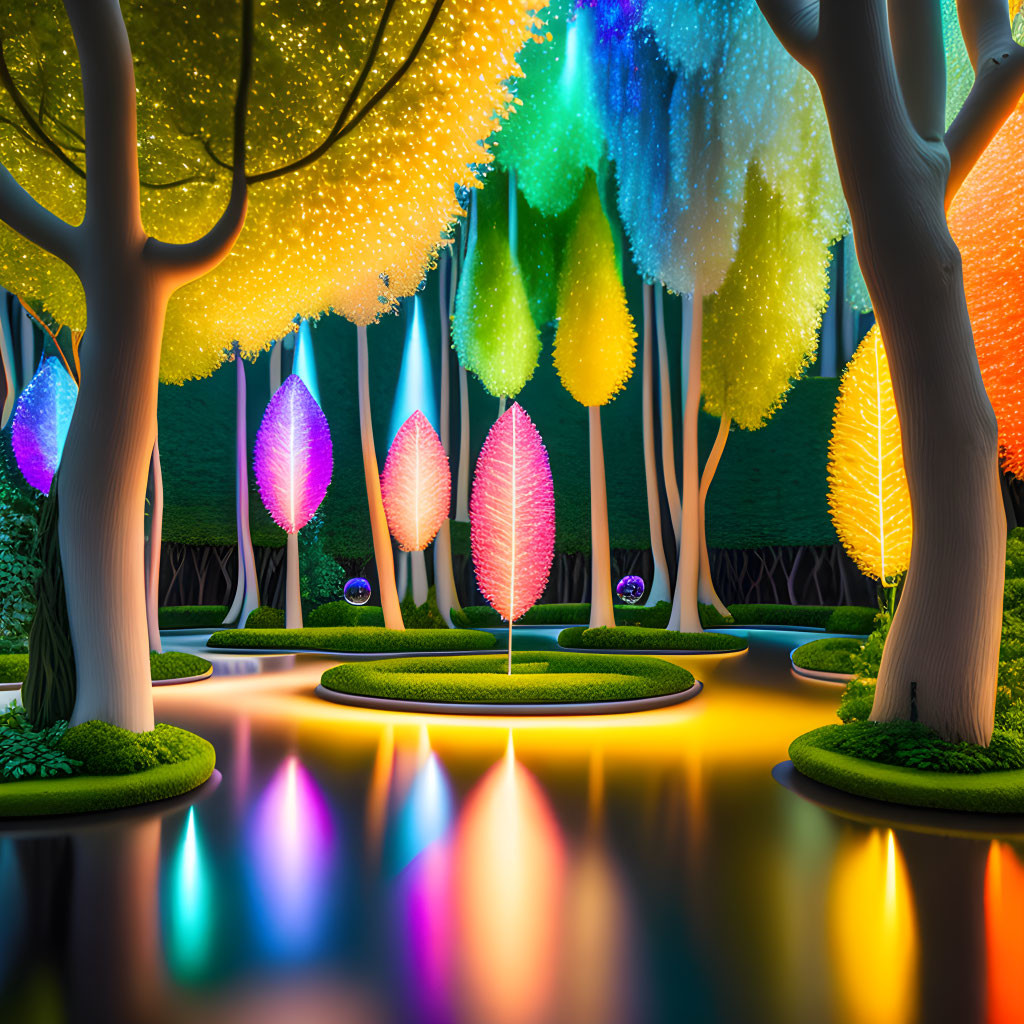 Enchanted night garden with glowing trees reflected in tranquil waters