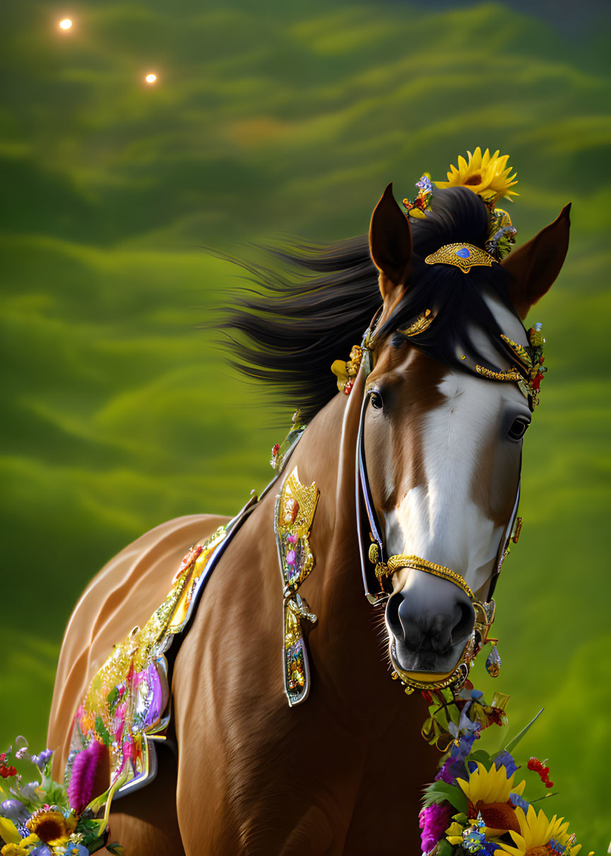 Ornate Horse with Floral Garland on Green Background