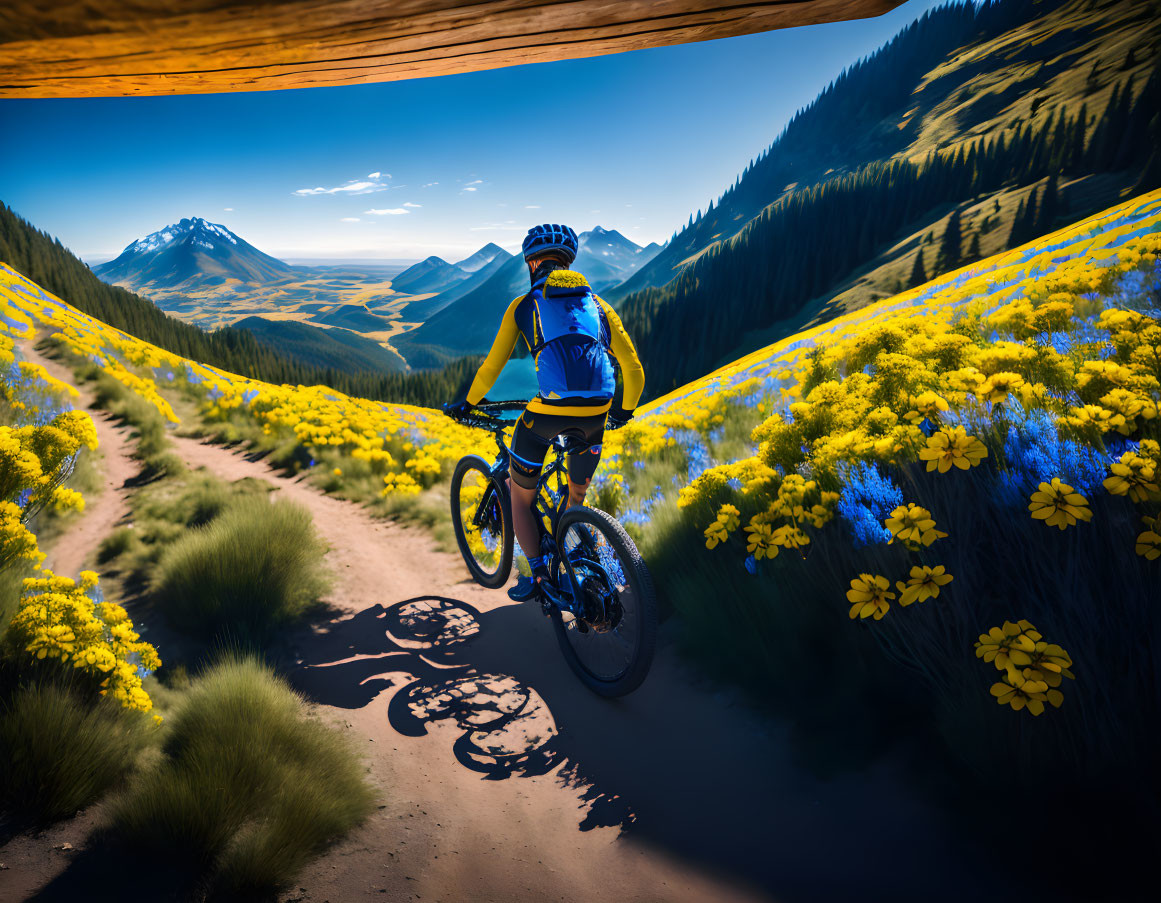 Cyclist on Mountain Trail with Yellow Wildflowers and Scenic Hills