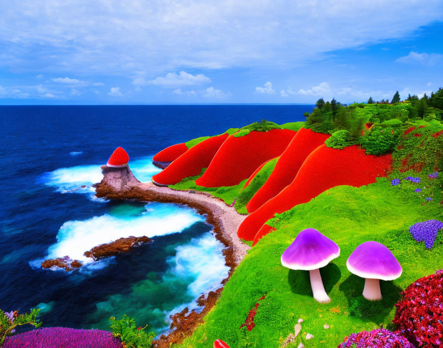 Colorful Fantasy Landscape with Oversized Mushrooms and Lush Greenery