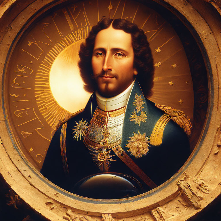 Military uniformed man with medals on ornate golden background