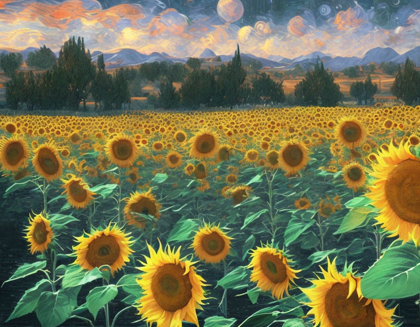 Sunflower Field with Swirl-Patterned Sky and Rolling Hills