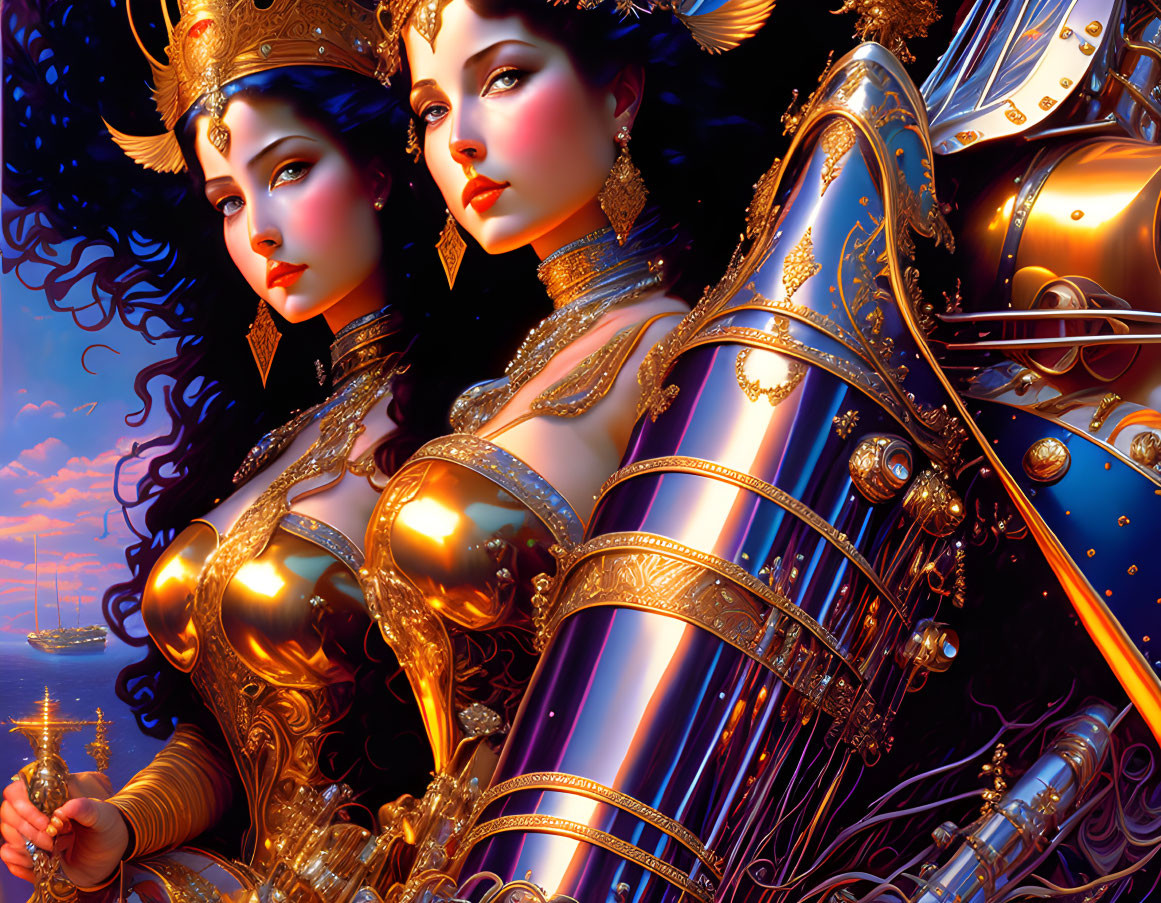 Detailed digital artwork of woman in golden armor with celestial and nautical theme on blue backdrop