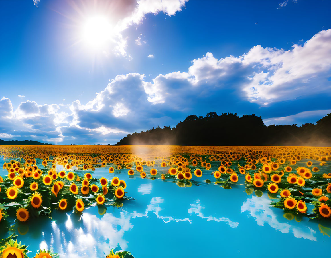 Tranquil Sunflower Field by Reflective Lake