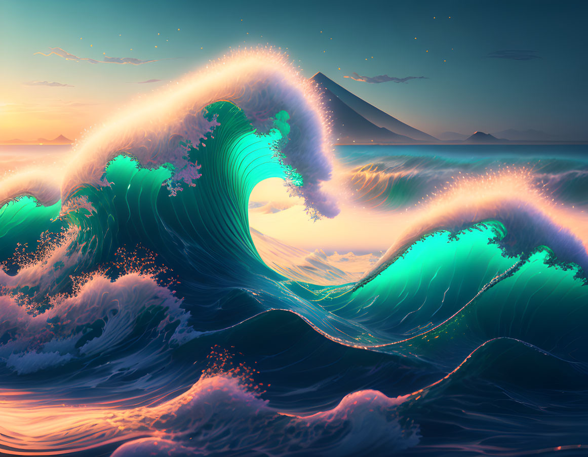 Teal Waves Cresting at Sunset with Mountain Backdrop