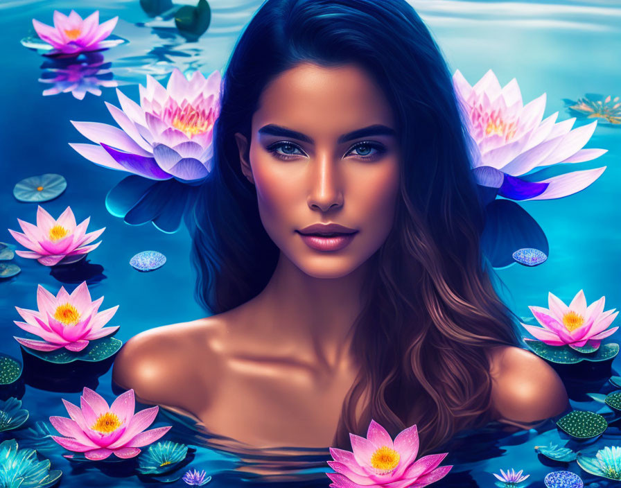 Digital art: Woman with long hair and captivating eyes in water with pink lotus flowers.