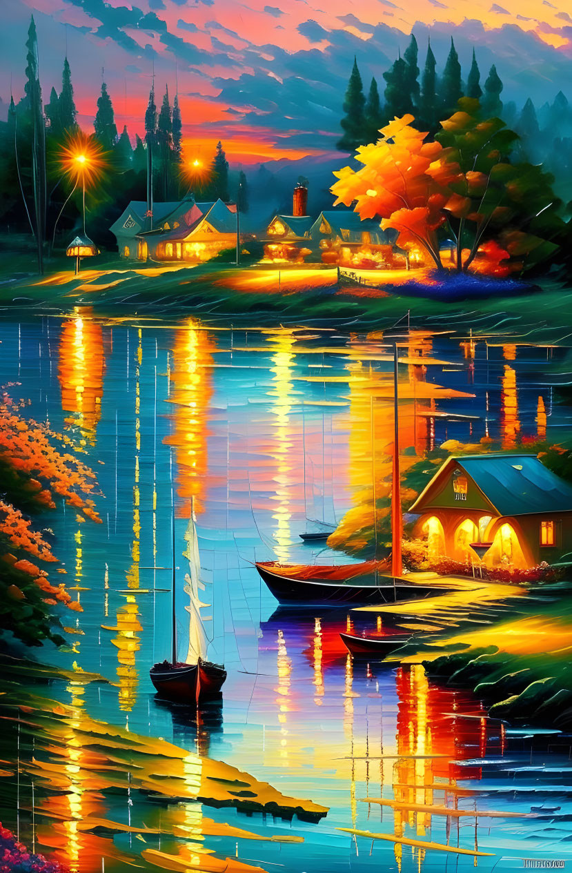 Tranquil lakeside dusk with cottages, sailboat, vibrant reflections, lush trees, and