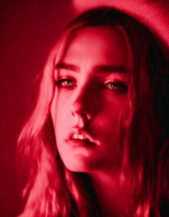 Contemplative woman with wavy hair in intense red lighting