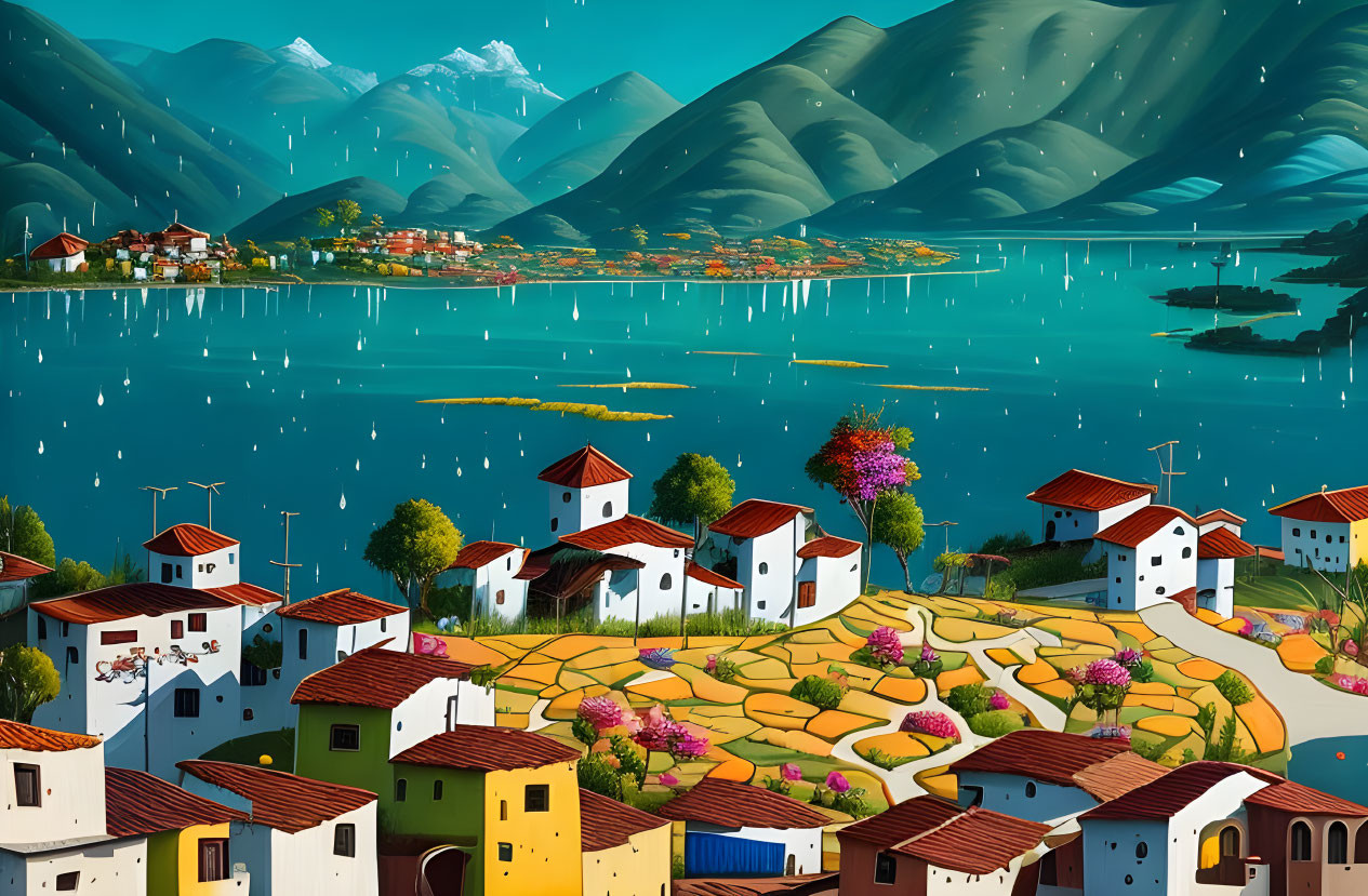 Vibrant coastal village illustration with quaint houses and serene bay