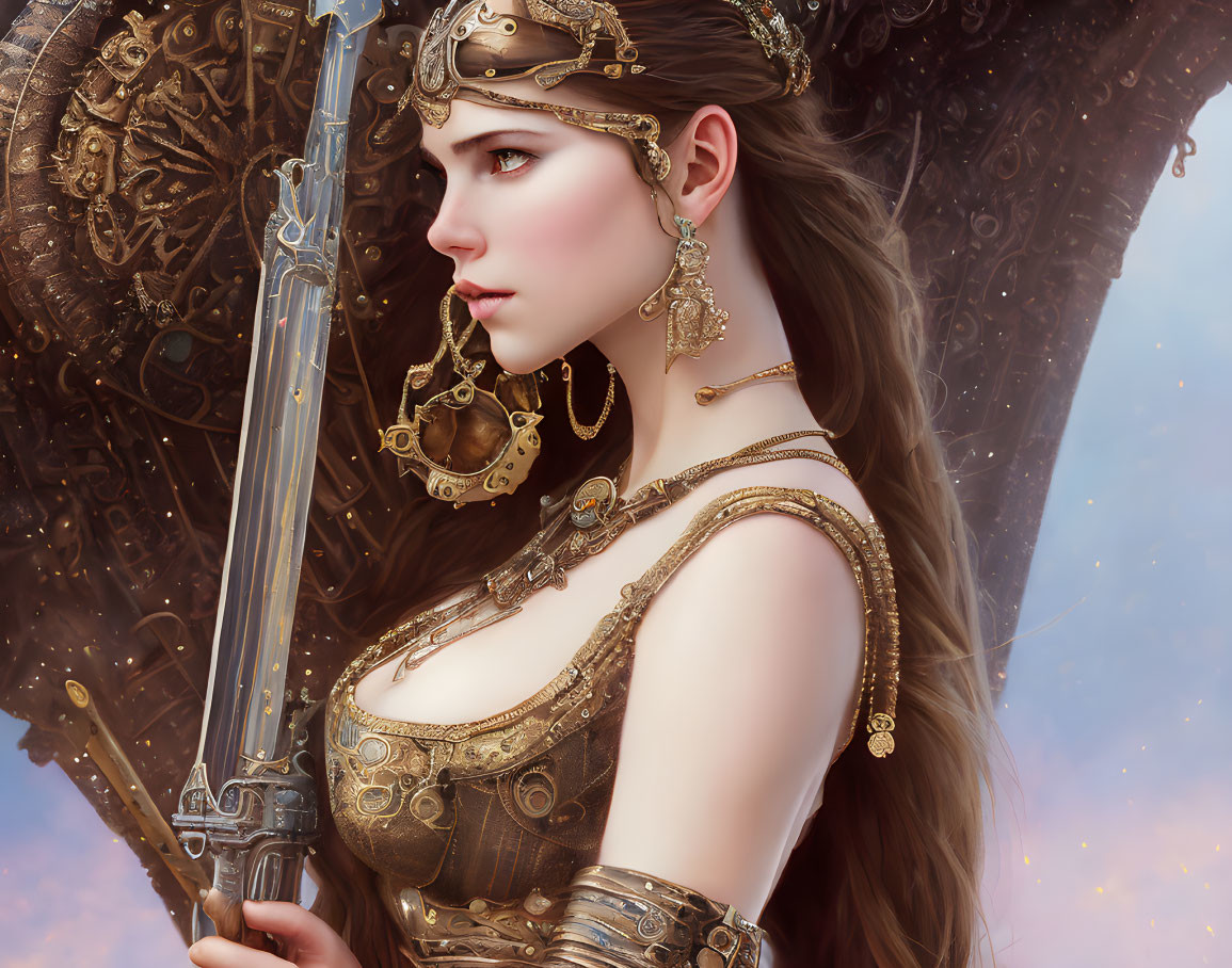 Medieval fantasy warrior princess in golden armor with sword in mystical setting