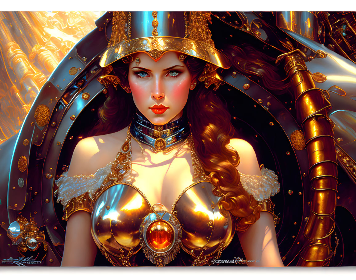 Fantasy female warrior digital artwork with golden armor & intricate mechanical details.