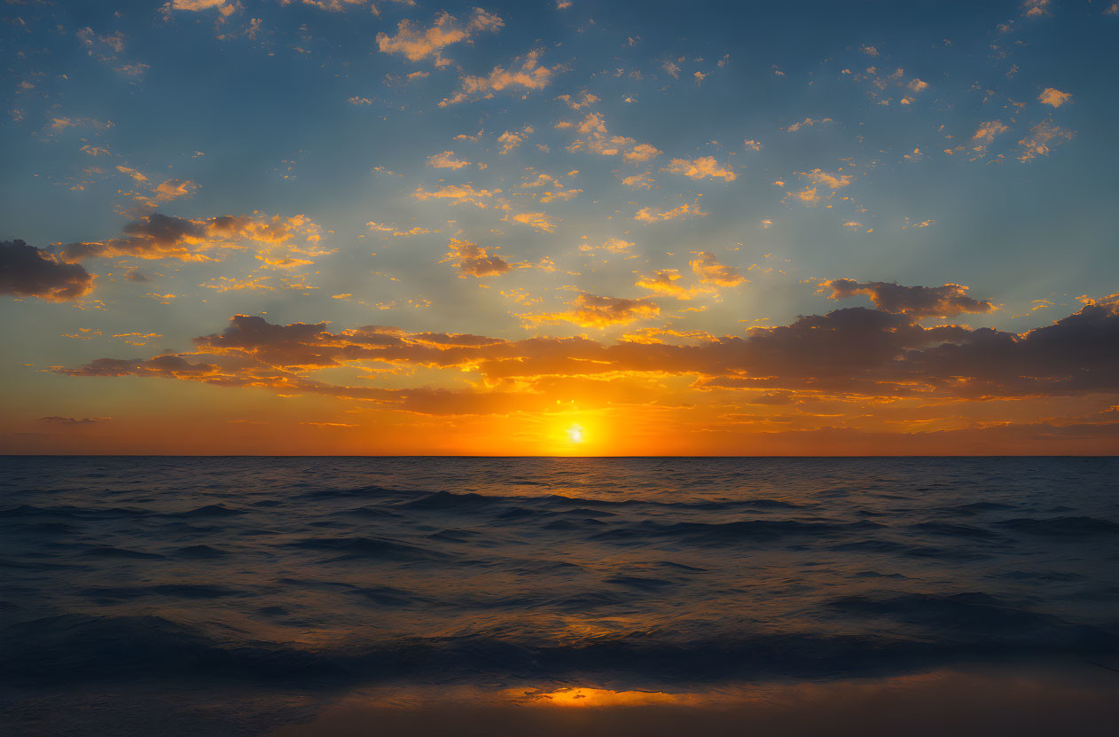 Scenic sunset over calm sea with scattered clouds