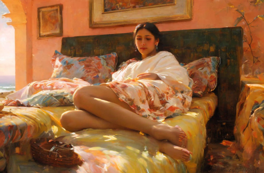 Woman reclining on flower-patterned bed with serene expression and basket beside her.