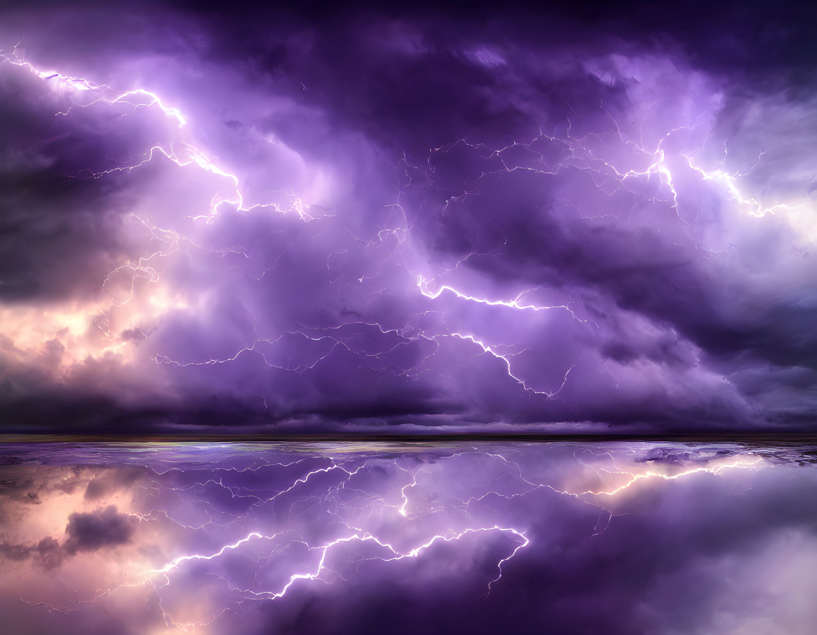 Intense lightning bolts in dramatic purple sky