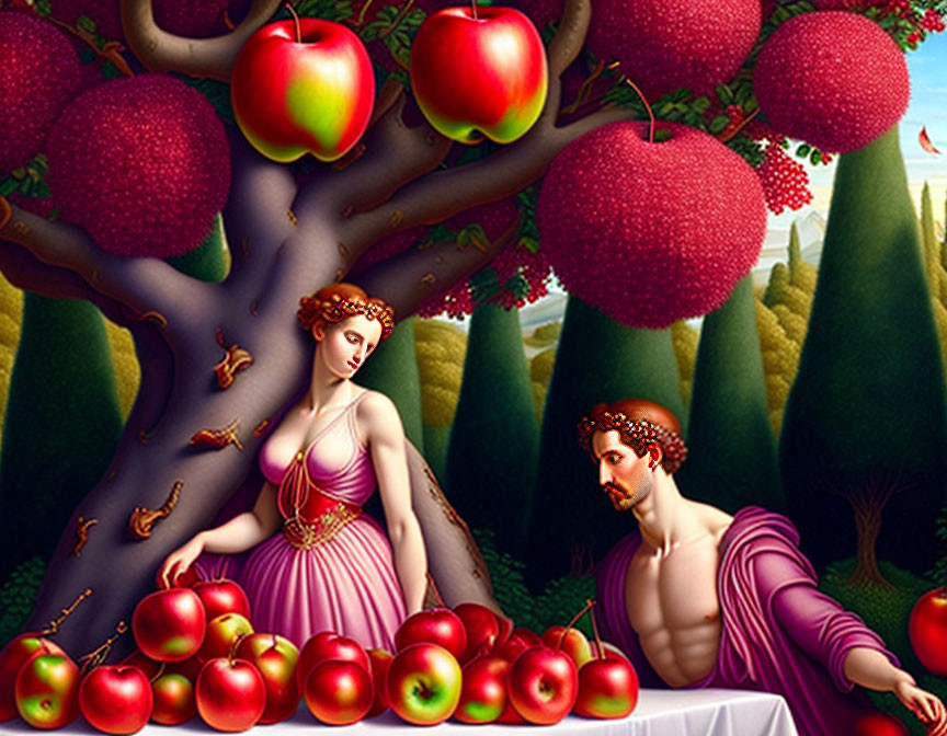 Stylized painting of man and woman in classical attire by vibrant apple tree